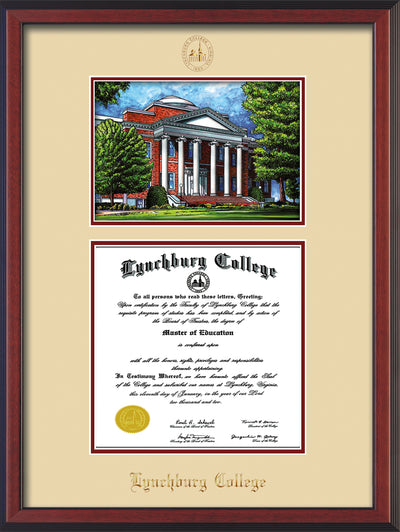 Image of Lynchburg College Diploma Frame - Cherry Reverse - w/Embossed LC Seal & Name - w/Campus Watercolor - Cream on Crimson mat
