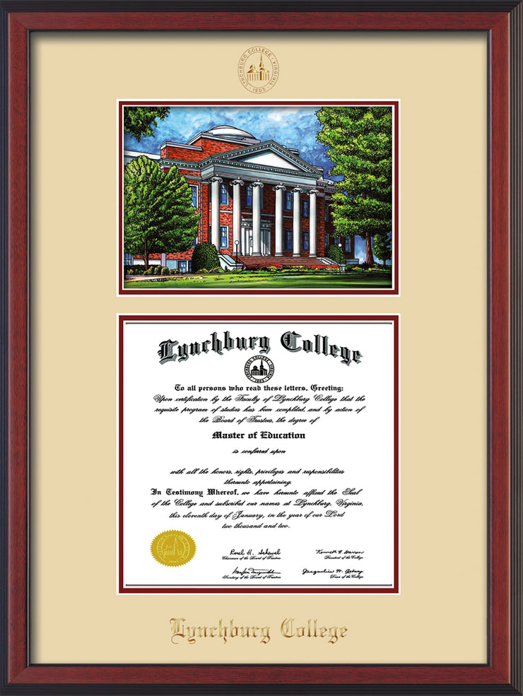 Image of Lynchburg College Diploma Frame - Cherry Reverse - w/Embossed LC Seal & Name - w/Campus Watercolor - Cream on Crimson mat