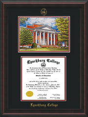 Image of Lynchburg College Diploma Frame - Mahogany Braid - w/Embossed LC Seal & Name - w/Campus Watercolor - Black on Crimson mat