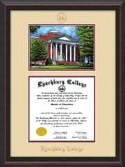 Image of Lynchburg College Diploma Frame - Mahogany Braid - w/Embossed LC Seal & Name - w/Campus Watercolor - Cream on Crimson mat