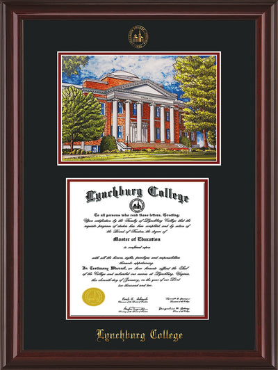 Image of Lynchburg College Diploma Frame - Mahogany Lacquer - w/Embossed LC Seal & Name - w/Campus Watercolor - Black on Crimson mat