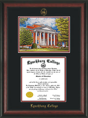 Image of Lynchburg College Diploma Frame - Rosewood - w/Embossed LC Seal & Name - w/Campus Watercolor - Black on Crimson mat