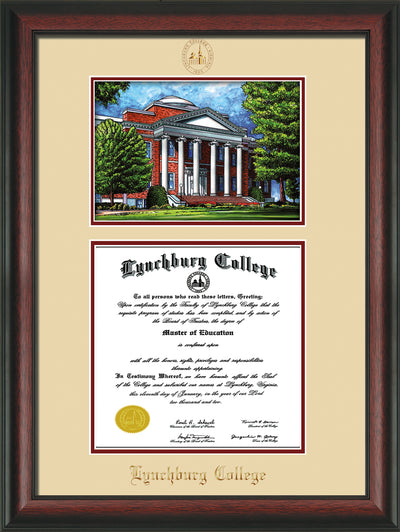 Image of Lynchburg College Diploma Frame - Rosewood - w/Embossed LC Seal & Name - w/Campus Watercolor - Cream on Crimson mat