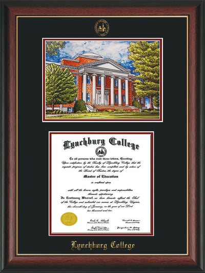 Image of Lynchburg College Diploma Frame - Rosewood w/Gold Lip - w/Embossed LC Seal & Name - w/Campus Watercolor - Black on Crimson mat