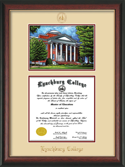Image of Lynchburg College Diploma Frame - Rosewood w/Gold Lip - w/Embossed LC Seal & Name - w/Campus Watercolor - Cream on Crimson mat