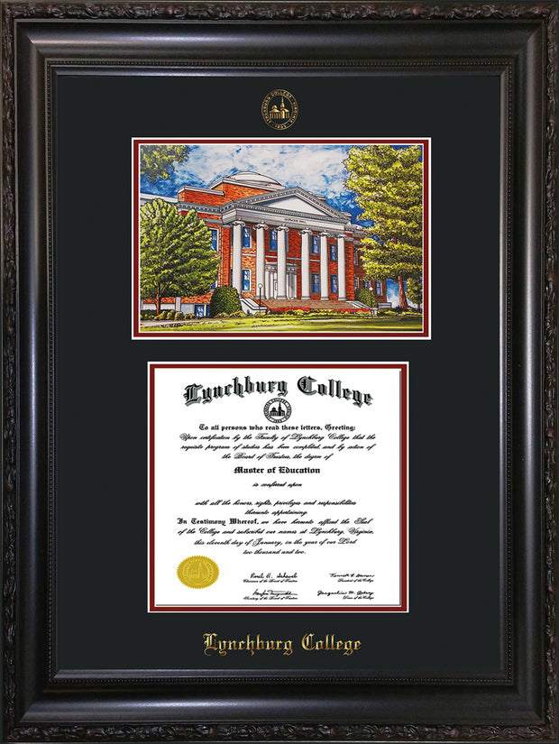Image of Lynchburg College Diploma Frame - Vintage Black Scoop - w/Embossed LC Seal & Name - w/Campus Watercolor - Black on Crimson mat
