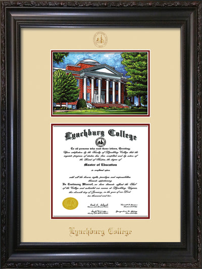 Image of Lynchburg College Diploma Frame - Vintage Black Scoop - w/Embossed LC Seal & Name - w/Campus Watercolor - Cream on Crimson mat