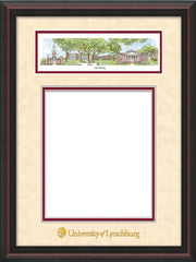 Image of University of Lynchburg Diploma Frame - Mahogany Braid - w/Embossed School Name Only - Campus Collage - Cream Suede on Crimson mat