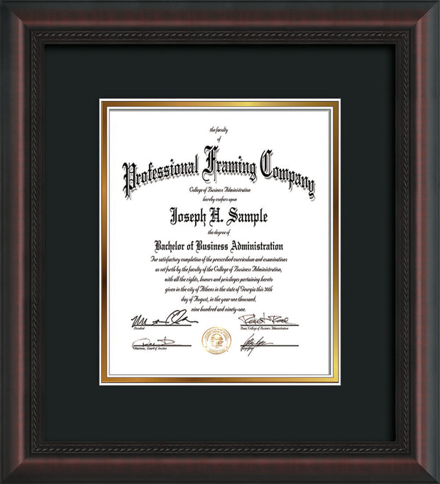 Vertical view of the Custom Mahognay Braid Art and Document Frame with Black on Gold Mat