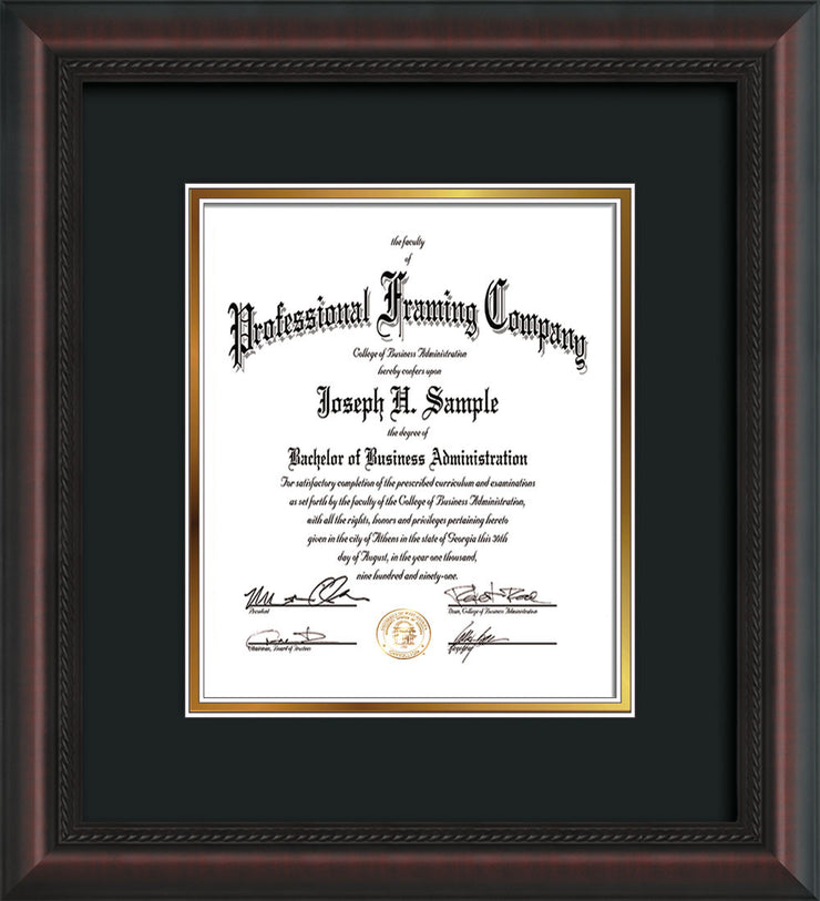 Vertical view of the Custom Mahognay Braid Art and Document Frame with Black on Gold Mat