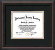 Horizontal view of the Custom Mahognay Braid Art and Document Frame with Black on Gold Mat