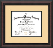 Horizontal view of the Custom Mahognay Braid Art and Document Frame with Cream on Black Mat