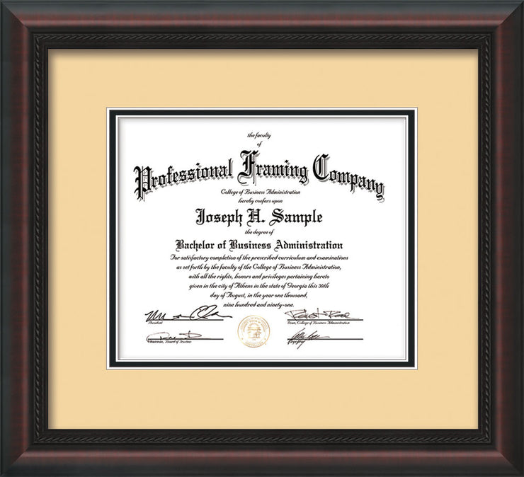 Horizontal view of the Custom Mahognay Braid Art and Document Frame with Cream on Black Mat