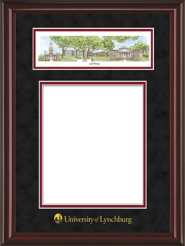 Image of University of Lynchburg Diploma Frame - Mahogany Lacquer - w/Embossed School Name Only - Campus Collage - Black Suede on Crimson mat