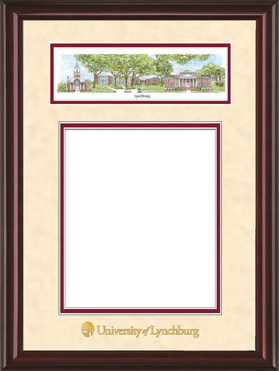 Image of University of Lynchburg Diploma Frame - Mahogany Lacquer - w/Embossed School Name Only - Campus Collage - Cream Suede on Crimson mat