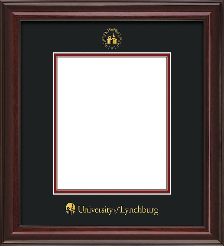 Image of University of Lynchburg Diploma Frame - Mahogany Lacquer - w/Embossed UL Seal & Name - Black on Crimson mat