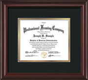 Horizontal view of the Custom Mahogany Lacquer Document and Art Frame with Black on Gold Mat