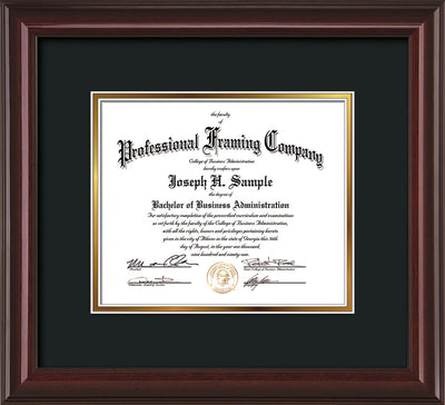 Horizontal view of the Custom Mahogany Lacquer Art and Document Frame with Black on Gold Mat