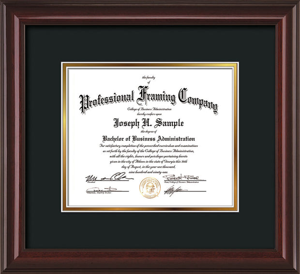 Horizontal view of the Custom Mahogany Lacquer Art and Document Frame with Black on Gold Mat