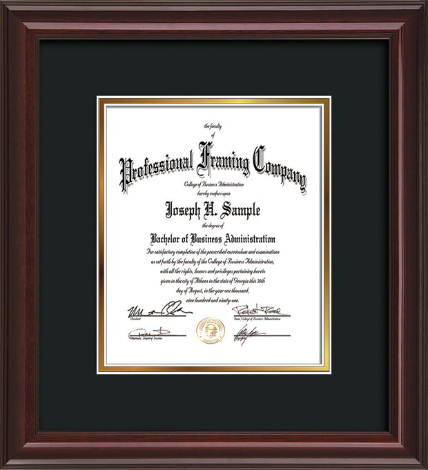 Vertical view of the Custom Mahogany Lacquer Art and Document Frame with Black on Gold Mat