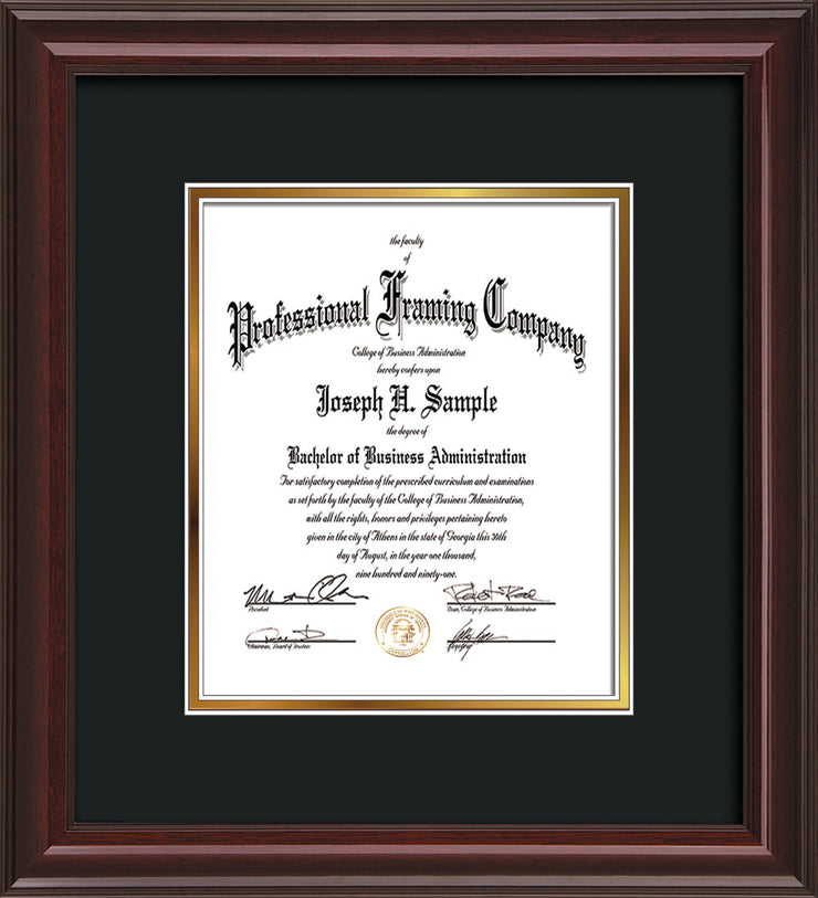 Custom Mahogany Lacquer frame with Black on Gold Mat