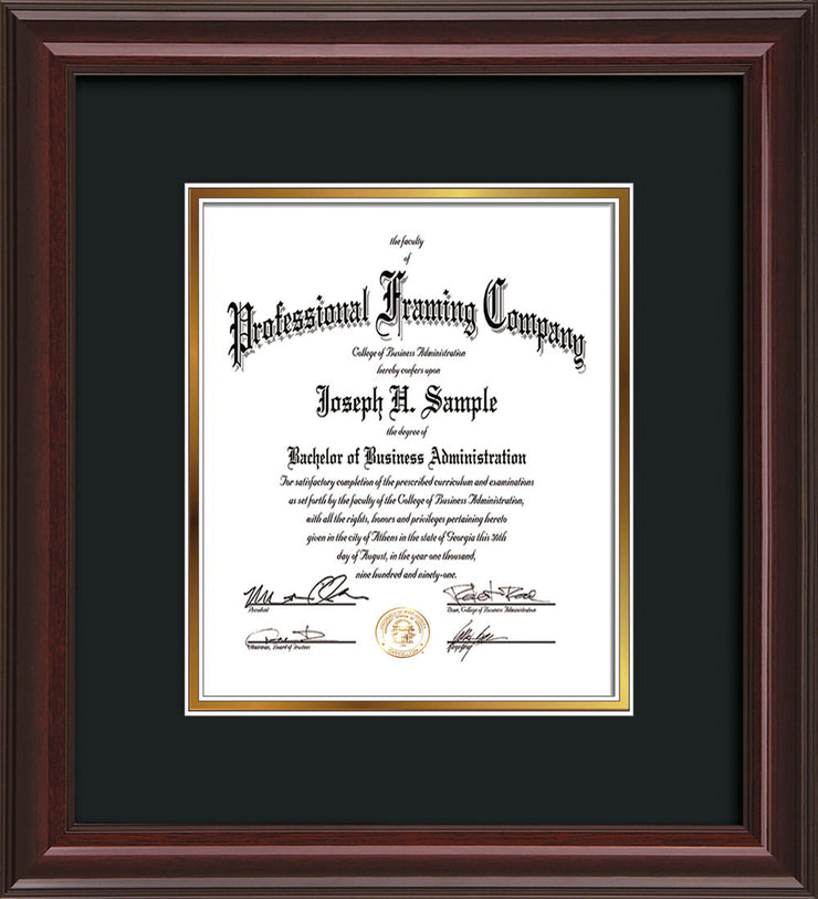 Vertical view of the Custom Mahogany Lacquer Document and Art Frame with Black on Gold Mat