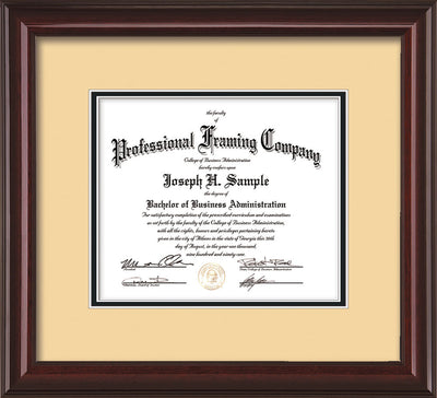 Horizontal view of the Custom Mahogany Lacquer Art and Document Frame with Cream on Black Mat
