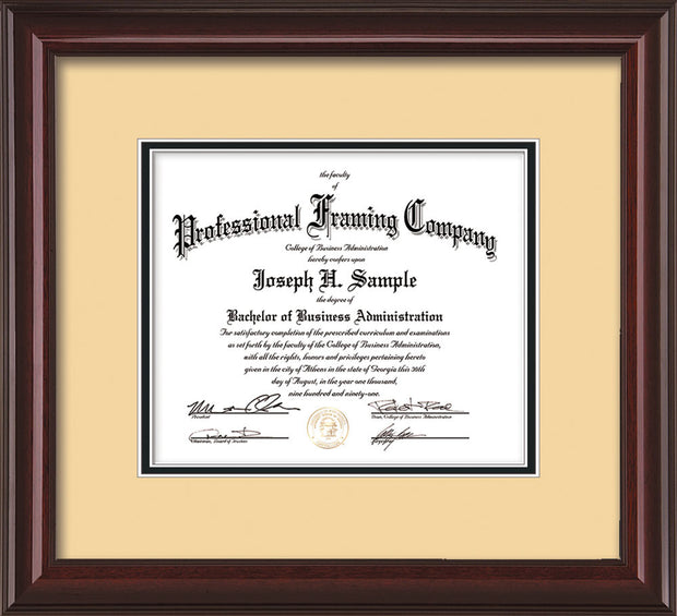 Horizontal view of the Custom Mahogany Lacquer Art and Document Frame with Cream on Black Mat