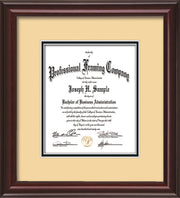 Vertical view of the Custom Mahogany Lacquer Art and Document Frame with Cream on Black Mat
