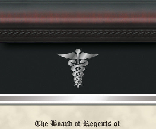 View of Custom Silver Leaf Caduceus Medical Embossing on Mat