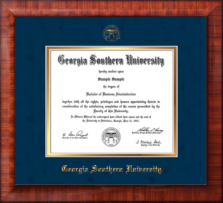 Image of Georgia Southern University Diploma Frame - Mezzo Gloss - w/Embossed Seal & Name - Navy Suede on Gold mat