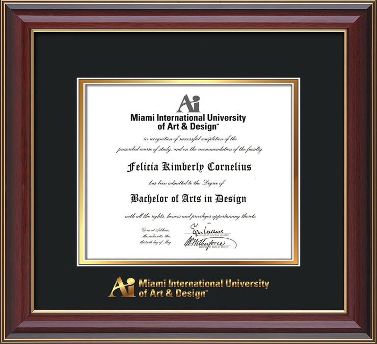 Image of Miami International University of Art & Design Diploma Frame - Cherry Lacquer - w/Embossed MIUAD School Name Only - Black on Gold mat