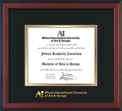 Back View of Miami International University of Art & Design Diploma Frame - Cherry Reverse - w/Embossed MIUAD School Name Only - Black on Gold mat
