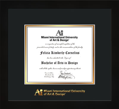 Image of Miami International University of Art & Design Diploma Frame - Flat Matte Black - w/Embossed MIUAD School Name Only - Black on Gold mat