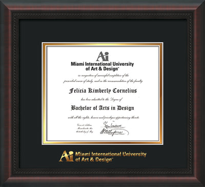 Image of Miami International University of Art & Design Diploma Frame - Mahogany Braid - w/Embossed MIUAD School Name Only - Black on Gold mat