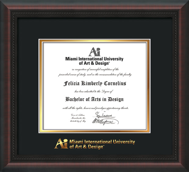 Image of Miami International University of Art & Design Diploma Frame - Mahogany Braid - w/Embossed MIUAD School Name Only - Black on Gold mat