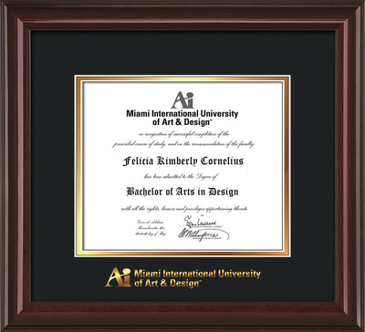 Image of Miami International University of Art & Design Diploma Frame - Mahogany Lacquer - w/Embossed MIUAD School Name Only - Black on Gold mat