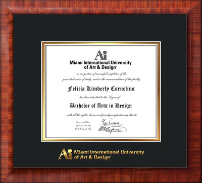 Image of Miami International University of Art & Design Diploma Frame - Mezzo Gloss - w/Embossed MIUAD School Name Only - Black on Gold mat