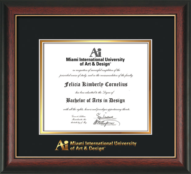 Image of Miami International University of Art & Design Diploma Frame - Rosewood with Gold Lip - w/Embossed MIUAD School Name Only - Black on Gold mat