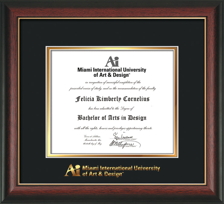 Image of Miami International University of Art & Design Diploma Frame - Rosewood with Gold Lip - w/Embossed MIUAD School Name Only - Black on Gold mat