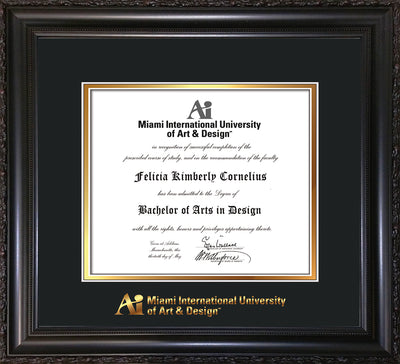 Image of Miami International University of Art & Design Diploma Frame - Vintage Black Scoop - w/Embossed MIUAD School Name Only - Black on Gold mat