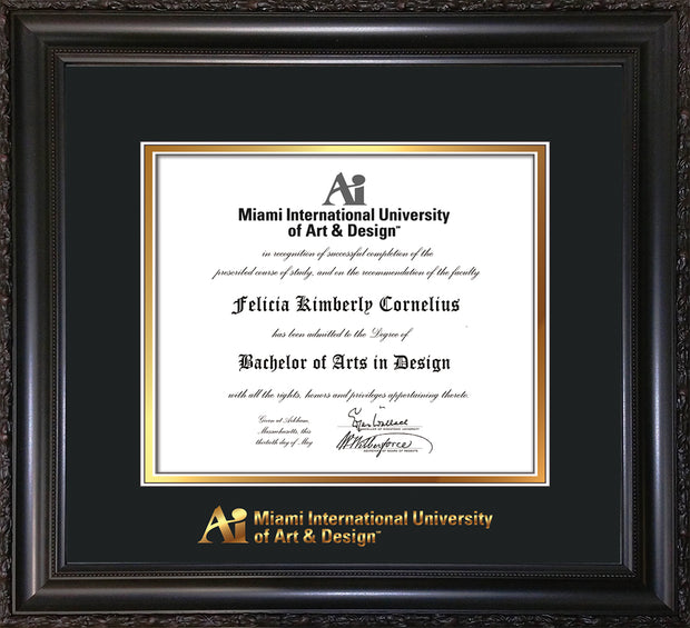 Image of Miami International University of Art & Design Diploma Frame - Vintage Black Scoop - w/Embossed MIUAD School Name Only - Black on Gold mat