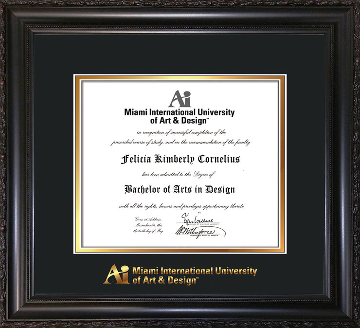 Image of Miami International University of Art & Design Diploma Frame - Vintage Black Scoop - w/Embossed MIUAD School Name Only - Black on Gold mat