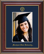 Image of Morehead State University 5 x 7 Photo Frame - Cherry Lacquer - w/Official Embossing of MSU Seal & Name - Single Navy mat