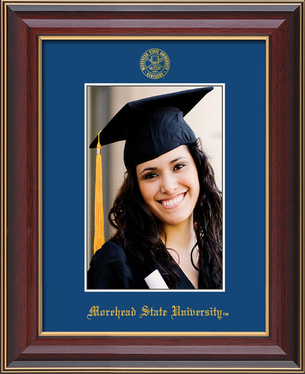 Image of Morehead State University 5 x 7 Photo Frame - Cherry Lacquer - w/Official Embossing of MSU Seal & Name - Single Royal Blue mat