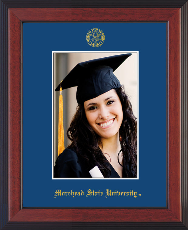 Image of Morehead State University 5 x 7 Photo Frame - Cherry Reverse - w/Official Embossing of MSU Seal & Name - Single Royal Blue mat