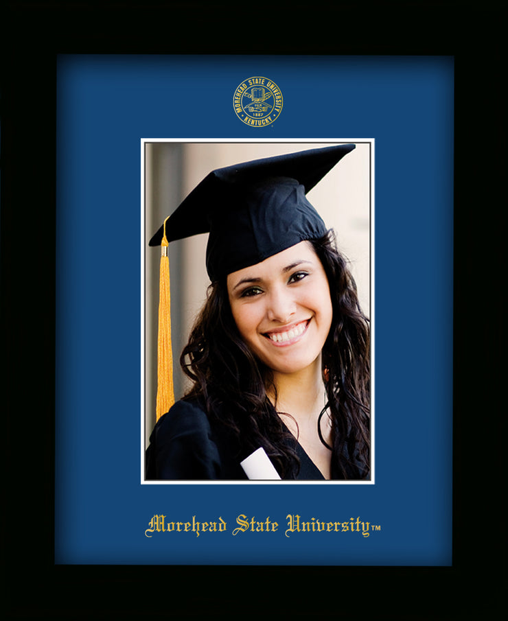 Image of Morehead State University 5 x 7 Photo Frame - Flat Matte Black - w/Official Embossing of MSU Seal & Name - Single Royal Blue mat