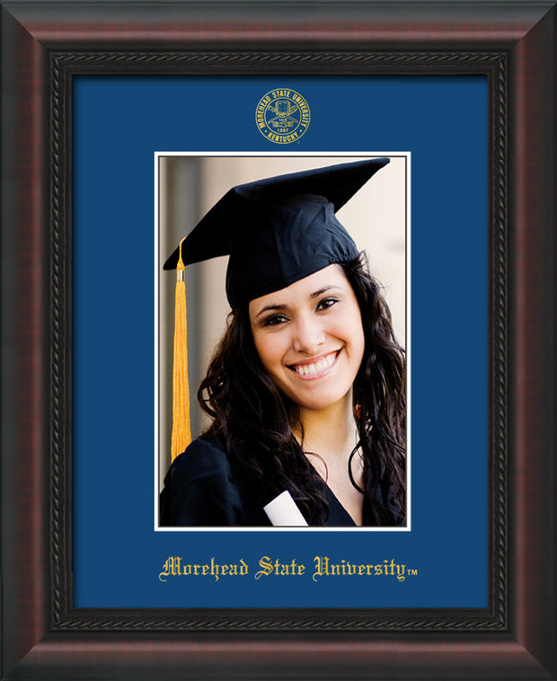 Image of Morehead State University 5 x 7 Photo Frame - Mahogany Braid - w/Official Embossing of MSU Seal & Name - Single Royal Blue mat