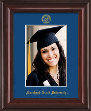 Image of Morehead State University 5 x 7 Photo Frame - Mahogany Lacquer - w/Official Embossing of MSU Seal & Name - Single Royal Blue mat