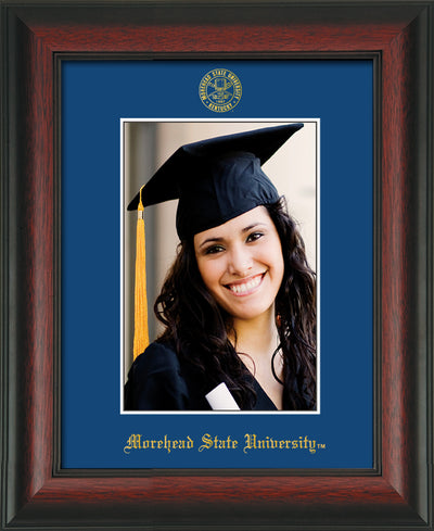 Image of Morehead State University 5 x 7 Photo Frame - Rosewood - w/Official Embossing of MSU Seal & Name - Single Royal Blue mat